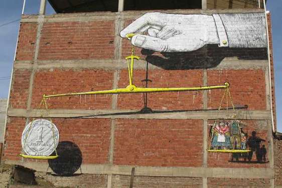 Murale di denuncia in Bolivia contro l'ingiustizia sociale